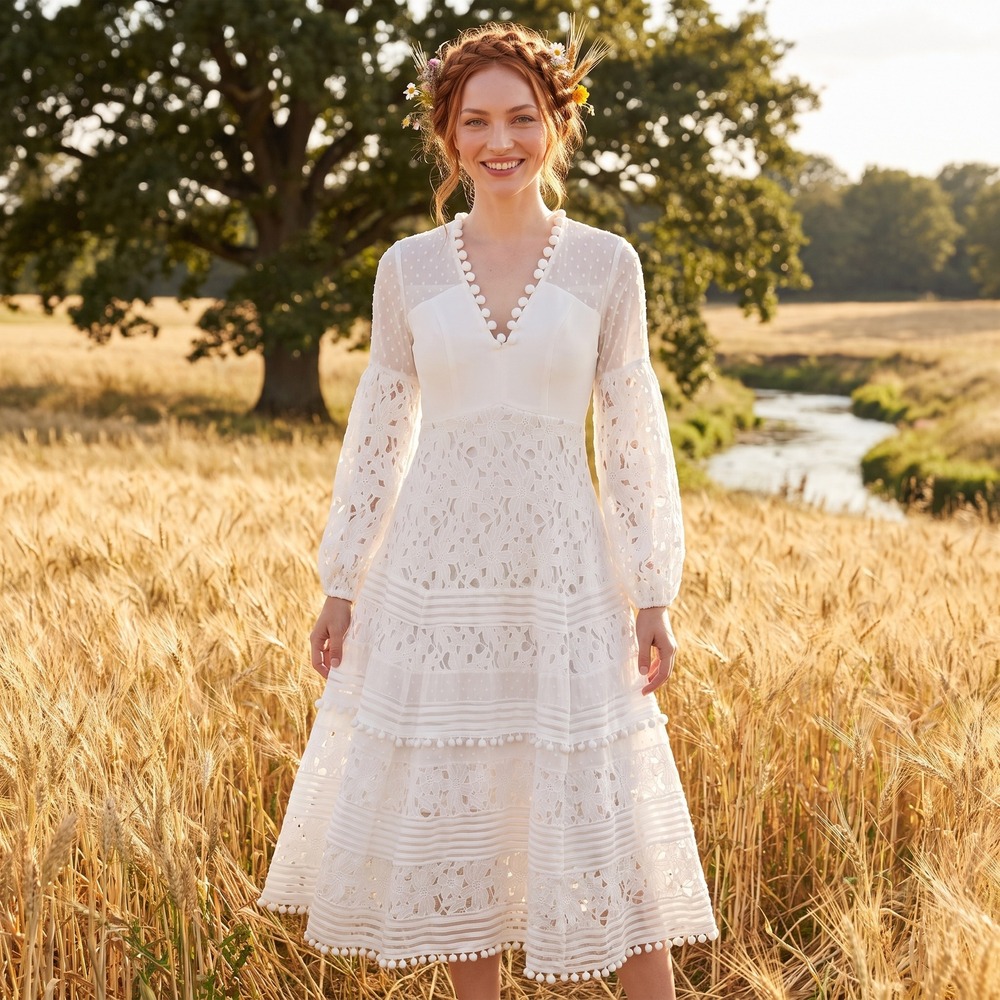 Boston Proper Lace Maxi Dress Womens XS White Boho Romantic Pom Pom Trim